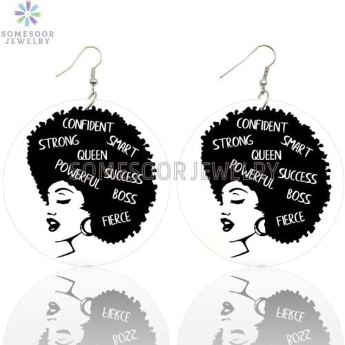 SOMESOOR Confident Black Natural Hair Printed Wooden Drop Earrings Smart Melanin Dope Ear Loops Dangle Jewelry For Women Gifts