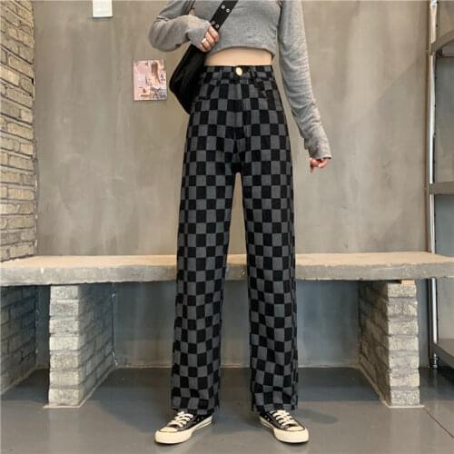 Blue black plaid jeans womens straight loose high waist slimming casual all-match trousers trendy wide-leg pants