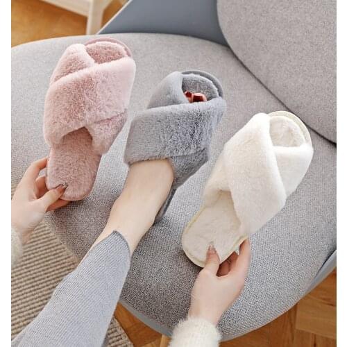 Winter Women House Slippers Faux Fur Fashion Warm Shoes Woman Slip on Flats Female Slides Black Pink cozy home furry slippers