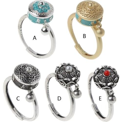 Rotating Rings Buddhist Tibetan Prayer Wheel Ring OM Mantra Finger Ring Good Luck Lotus Floral Enamel Rotating Ring Band X4YA