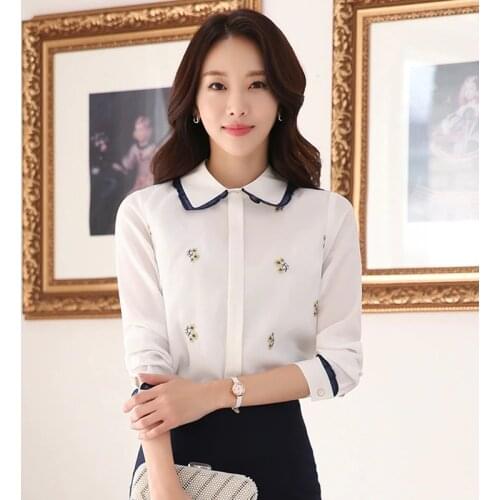 Womens Blouse Autumn New Fashion Doll Collar Shirt Long Sleeve Embroidered Chiffon Shirt Blouse Blusas 2019