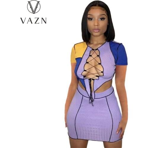 VAZN Chest Band Patchwork Color anti - Car Edge T-shirt Skirt Suit Fashion Sexy European and American Womens Wear