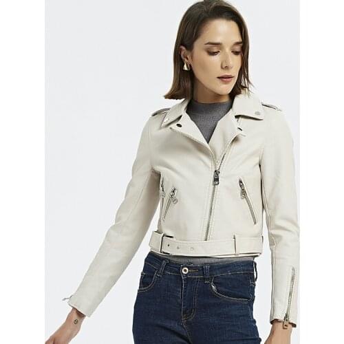 Cute Cropped Slant Zipper Belted Black Faux Leather Biker Jacket for Women Punk Rock Girls White PU Leather Jacket Short Coat
