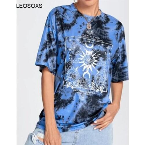 Womens Clothing 2021 New Summer Short Sleeve Printed Round Neck Blue Loose Leisure Cotton Pullover T-shirt Tops