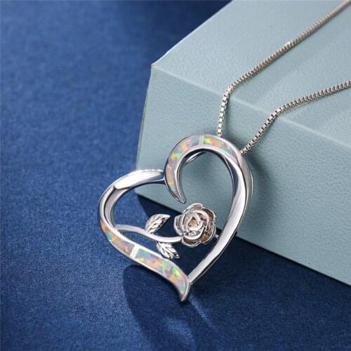 Boho Female Big Rose Flower Heart Pendants Necklaces Silver Color Wedding Necklaces For Women Blue White Fire Opal Necklace