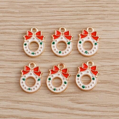 10pcs 10*14mm Christmas Garland Charms for Necklaces Bracelets DIY Enamel Bowknot Charms Pendants Xmas Decoration Jewelry Making