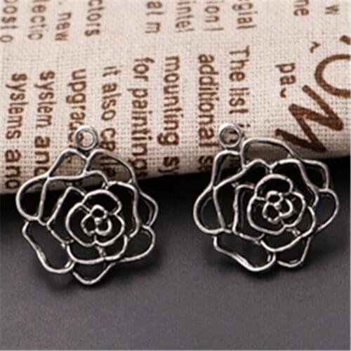 10pcs Silver Plated Hollow Metal Peony Flowers Charm Bracelet Necklace DIY Jewelry Alloy pendants 37*30mm A844