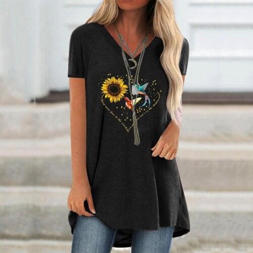 40# Women Casual T-shirts Plus Size Printing V-neck Short Sleeve Long T-shirt Top Ladies Leisure Loose Long T-shirt Футболка