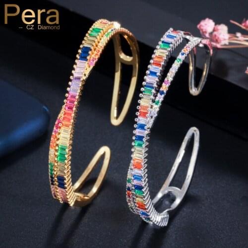 Pera Dubai Gold Colorful Cubic Zirconia Adjustable Baguette Cuff Bracelets Hand Bangles for Women Fashion Party CZ Jewelry Z046