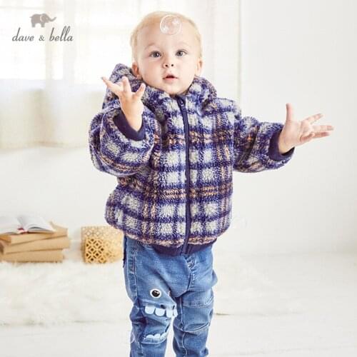 DB14568 dave bella winter baby unisex fashion plaid pockets padded hooded coat children tops infant toddler outerwear