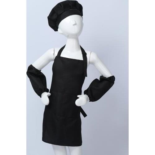 Kids Aprons Front Pocket White Kitchen Cooking Baking Painting Wear Chef Hat Adjustable Apron and Sleeves Set for Kids Boys Girl