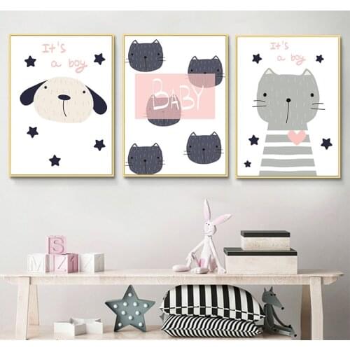 Baby Nursery Wall Art Canvas Poster Print Cartoon Minimalist Animal Painting Dog Cat Picture Nordic Kids Bedroom Decoration