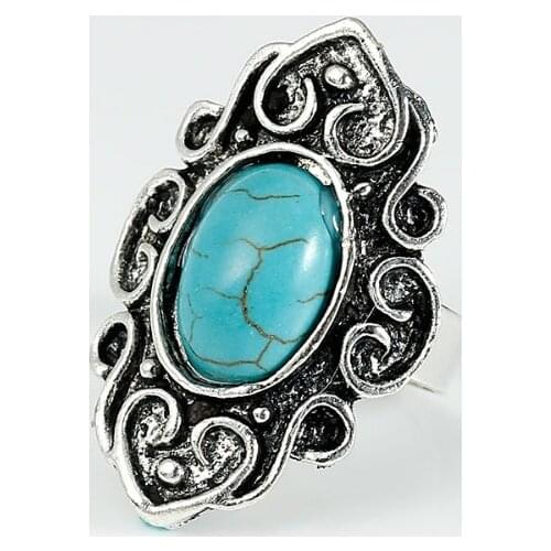 DoreenBeads Created Women Howlite gem stone Bohemia Adjustable Rings Silver Color Blue Olivary Pattern 17.5mm(US 7), 1 PC