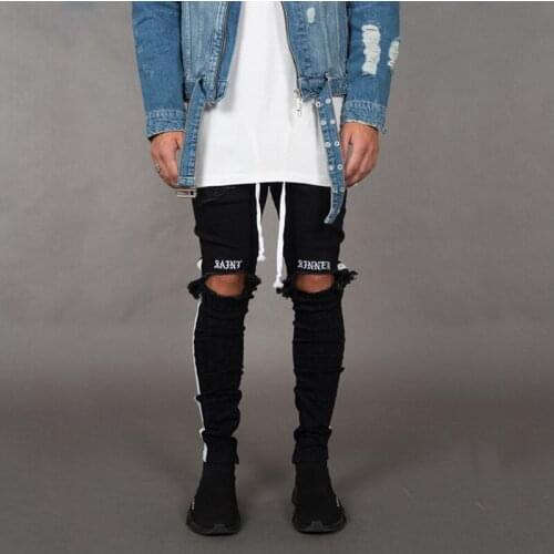Fashion Streetwear Mens Jeans Vintage Black Color Skinny Destroyed Ripped Male Broken Slim Homme Hip Hop Denim Pants