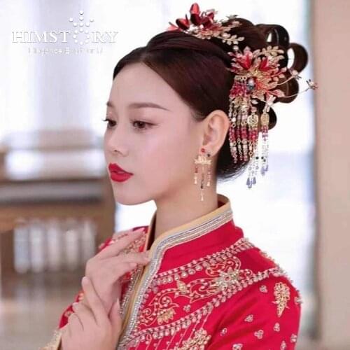 HIMSTORY Red Flower with Blue Glitter Traditional Chinese Wedding Hair Accessories Sweet Draggonfly Designs Stage Head Jewelries