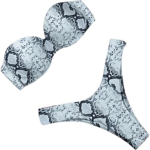 Women Two Pieces Strapless Wired Hard Wrap Swimsuit Leopard Snakeskin Printed Beach Pool Party Thong Off Shoulder Beachwear