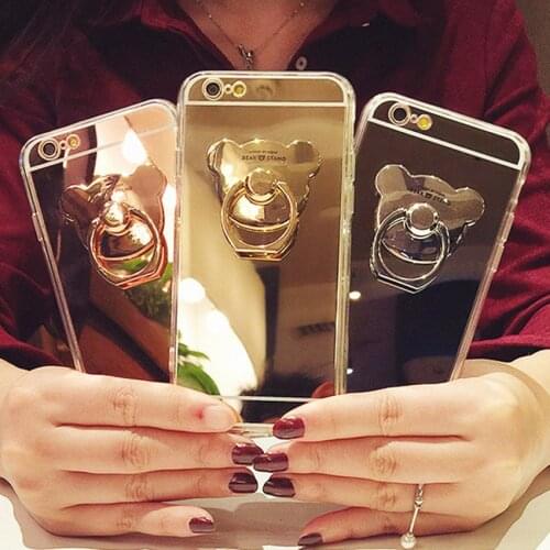 For iPhone 7 7Plus 3D Soft TPU Mirror Case with Bear Finger Ring Stand Phone Holder Cover for iPhone 11 12 pro Xs Max 6 Plus