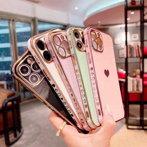 Fashion Love Heart Phone Case For iPhone 12 Pro XR 11 XSMax X 7 8 Plus Plated Soft Back Cover For Coque iphone 11 Protector