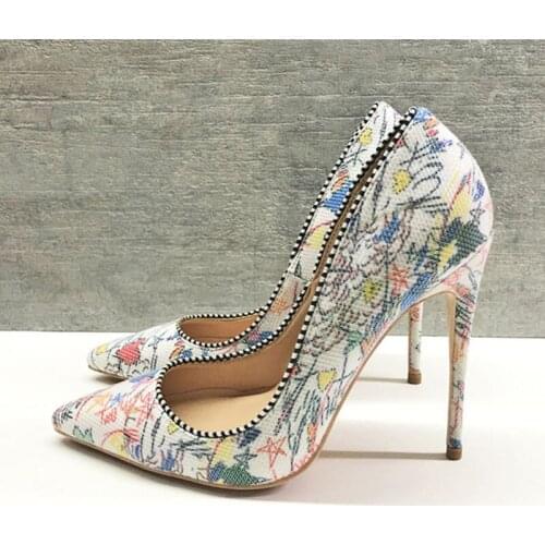 12cm Pumps Women Pointed Toe High Heels Shallow Party Wedding Fashion Print Dress Graffiti Mesh Shoes BM002 CHENSIR9