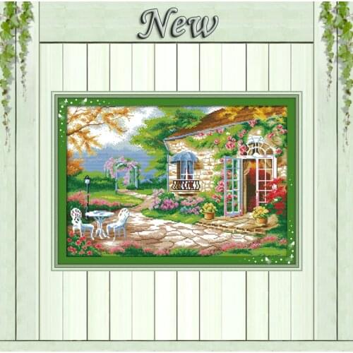 Beautiful Romantic backyard garden,11CT printed on canvas Cross Stitch kits,needlework embroider Sets,14CT DMC Scenic Home Decor