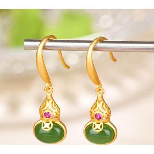 Natural Hetian Jade Green Jade Calabash Pendent Jade Ethnic Style Necklace Womens Retro Open-End Personality Ring Female Access