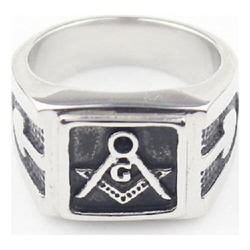 New Mens Silver color Ring Square Free Mason Freemasonry Masonic 316L Stainless Steel Ring Jewelry