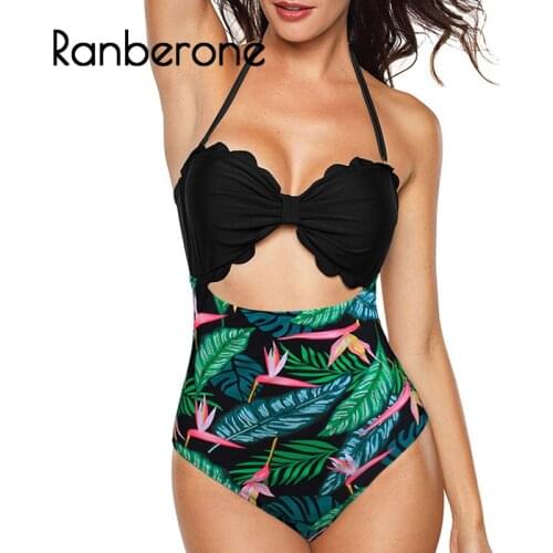 Ranberone 2020 New Swimwear One Piece Sexy Floral Print Bikini Plus Size XXXL Hanging Neck Swimming Swimsuit Backless Bodysuit