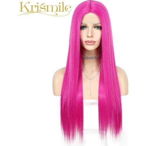 Synthetic Lace Wig Futura Fiber Rose Red T-Part Long Straight for Women High Temperature Cosplay Daily Party Drag Queen Make Up