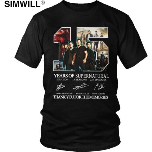 Supernatural 15 Years Anniversary Dean Sam Castiel Signatures T Shirt Cotton Tshirt for Men Short Sleeve The Winchesters Bro Tee