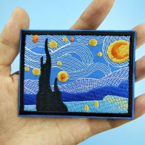 The Starry Night (Size:9.1x7cm) Van Gogh Oil Painting Fabric Badge Embroidery Iron on Patch for Garment Apparel DIY Accessory
