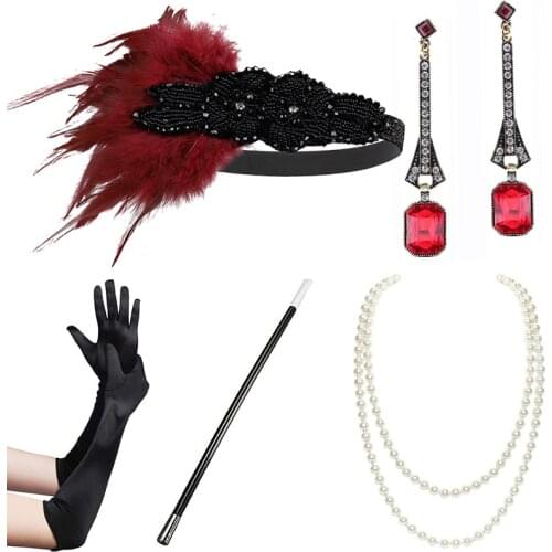 1920s Women Vintage Gatsby Feather Headband Flapper Costume Accessories Set Cigarette Holder Pearl Necklace Earring Gloves 5 Pcs