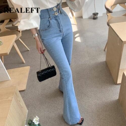 REALEFT Summer 2021 New Classic Buttons Womens Jeans Mid Waist Denim Flare Pants Retro Washed Streetwear Slim Trousers Female