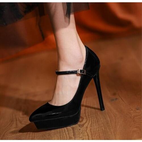 Drop Shipping Girls Black White Platform Buckle Pumps Office Lady 13 cm Stiletto Heels Pointed Toe Party Dress Shoes Size 34 40