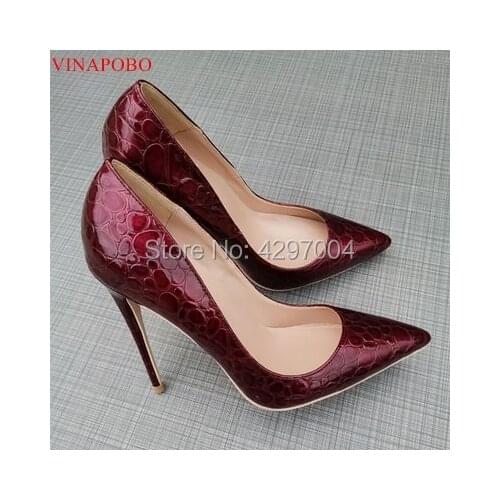 Vinapobo burgundy Women Shoes High Heels Stiletto Sexy Woman High Heels Snake Printing Patent Leather Pointed Toe Women Pumps