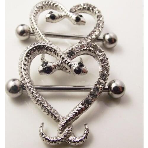 2piece 14G Punk Rock Sexy Snake Nipple Ring Shield Rings Body Piercing Jewelry Crystal Heart Love Nipple Bar Women Gift