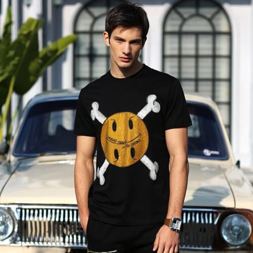 AlexPlein Smiling Rhinestones Crystal Tshirt Men Cotton Funny Streetwear Crew Neck Shortsleeve Man Clothing Fashion 2021 Summer