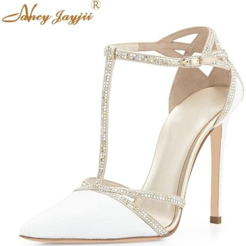 Shallow mouth white spring and autumn pointed shoes super high heel buckle crystal bride wedding banquet fashion 2019 yards 4-16