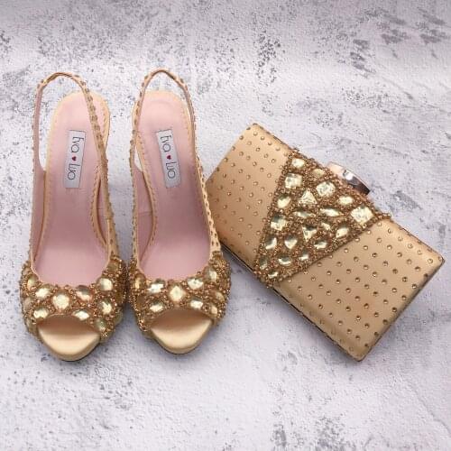 BS1306 Custom Made Slingbacks Women Bridal wedding Shoes High Heel Slingbacks Gold Stones Shoes with Matching Bags Set