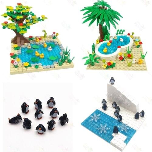 Spheniscidae Paradise Duck Animal Scenes Swimming Pool Pond Lotus Building Blocks Domestic Bird Tree Plant Flower Kids Toys Gift