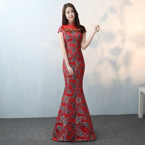 Long Chinese Traditional Dress Fishtail Red Bride Wedding Qipao Dress Lady Chinese Cheongsam Dress for Party Evening Dress 89
