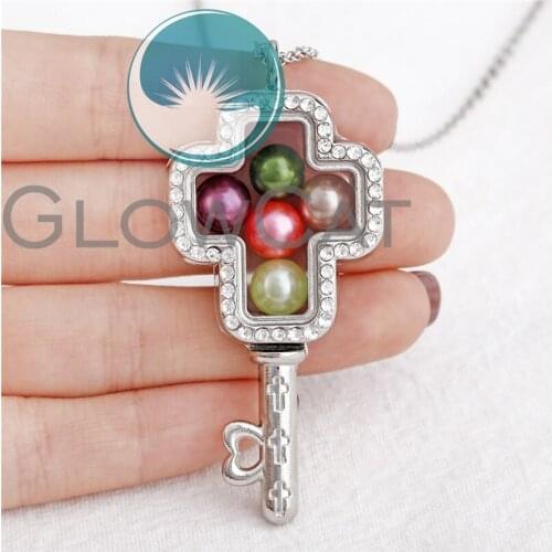 Rhinestone Solid Key Cross Glass Locket Necklace Living Memory Pendant Pearl Floating Locket Jewelry