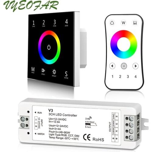 Led RGB Strip Controller 2.4GHz Wireless Wall Panel With 4A 3 Channel Receiver 4 Zone Remote Single CCT Tape Ribbon Dim Switch
