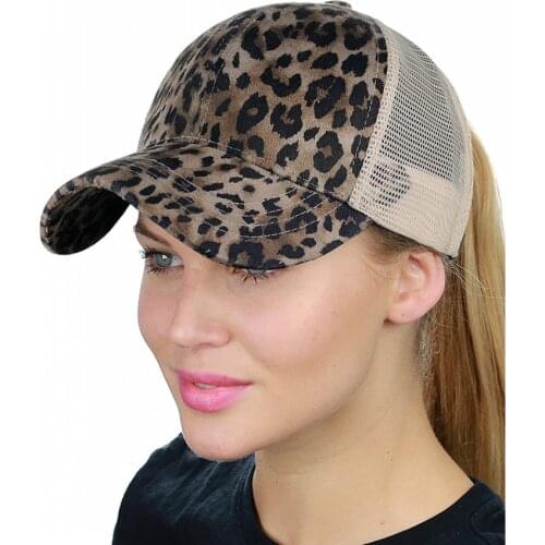 Leopard Print Baseball Cap Ponycap Messy High Bun Ponytail Adjustable Mesh Trucker Baseball Cap Hat
