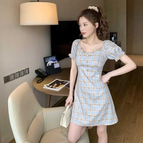 Bubble Sleeve Plaid Summer Dresses Fashion Leisure Women Square Collar Slim Fit Casual Women Beach Wearing Decor