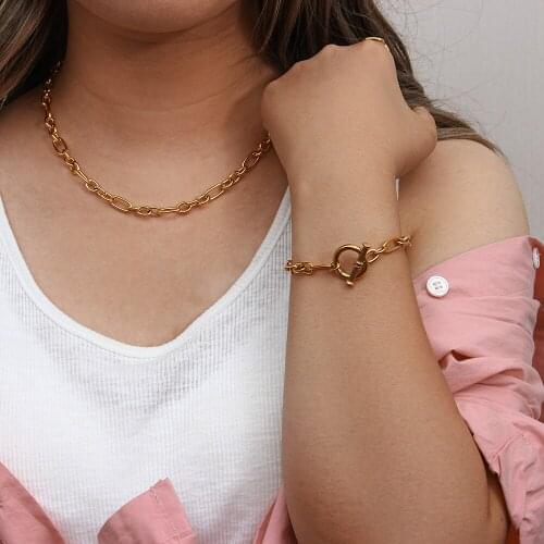 Trendy New Irregualr Link Chain Necklace Stainless Steel 18K Gold Plated T Bar Bracelets Bangles For Women Non Tarnish Jewelry