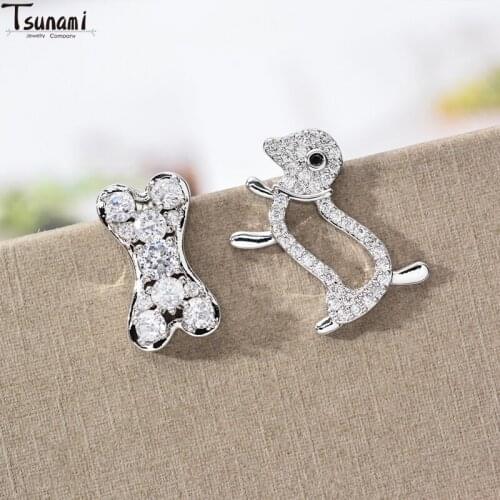 Ins Fashion Trend Style Asymmetric Earrings Dog And bone Bling Zircon Stone Stud Earrings For Women Popular Jewelry Cheap Gifts