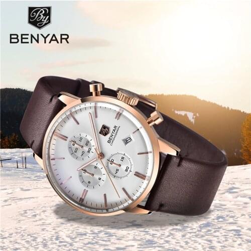 Quartz mens watches BENYAR top brand luxury business clock men fashion wristwatch sport Leather chronograph Relogio Masculino