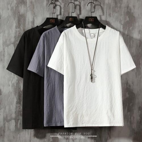 2020 Mens Summer Linen t shirts Male Short Sleeve Korean Style Tops tshirt Solid Color Linen Cotton t-shirt plus size M-7XL 8XL