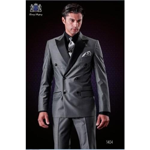 Latest Coat Pant Designs Italian Smoking Grey Men Suit Double Breasted Jacket Slim Fit 2 Piece Tuxedo Custom Groom Blazer Ternos
