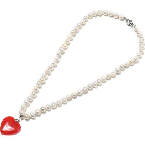 The 8-9 mm Freshwater Natural Pearl Necklace with Romantic and lovely pure red heart-shaped 25*25*6 mm pendant and Tiny Fine